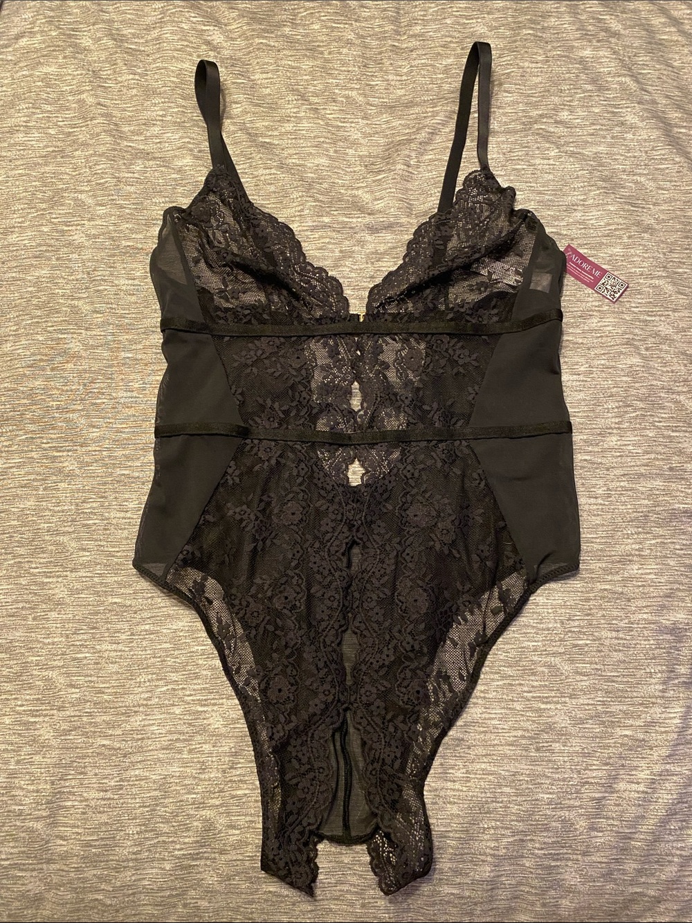 Adore Me Lingerie Teddy One Piece Lace Strappy Sz Large Black NWT
